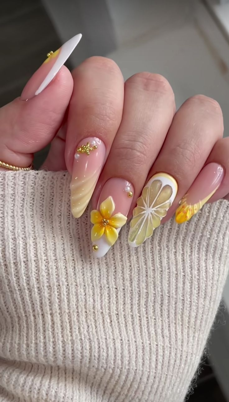 Orange Floral Nails