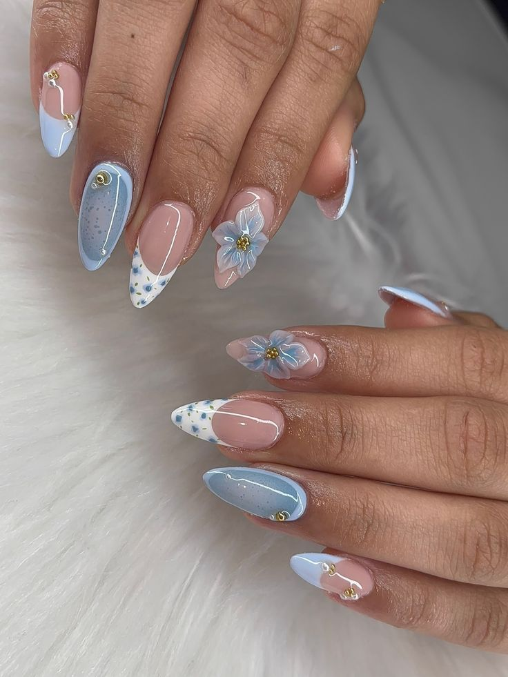 Blue Floral Nails